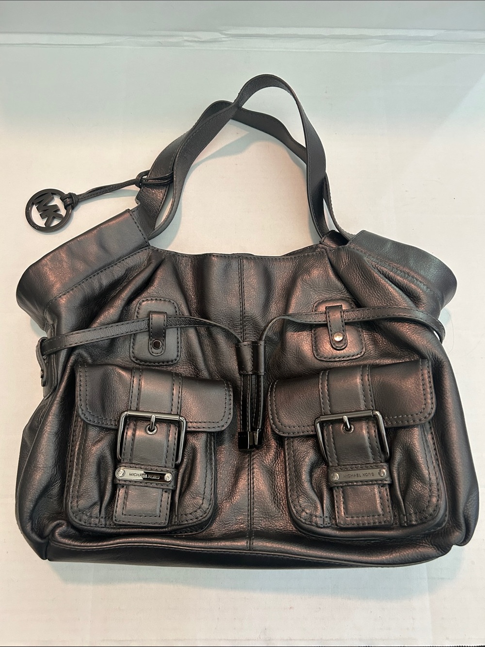 Michael Kors Gunmetal Leather double front pocket satchel shoulder bag